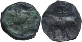 Punic Sardinia. AE 20 mm, c. 216 BC. Obv. Head of Tanit left, wearing wreath of grain. Rev. Bull standing right; above, star. SNG Cop. 387-388. AE. 3....