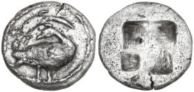 Continental Greece. Macedon, Eion. AR Trihemiobol, 460-400 BC. Obv. Goose standing right, head left; above, lizard. Rev. Incuse square with four field...