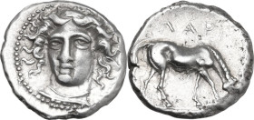 Continental Greece. Thessaly, Larissa. AR Drachm, 395-344 BC. Obv. Head of nymph slightly left. Rev. Horse grazing right. SNG Cop. 122. AR. 5.87 g. 19...