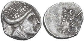 Continental Greece. Euboia, Histiaia. AR Tetrobol, c. 338-304 BC. Obv. Head of nymph right, wearing wreath. Rev. Nymph seated on vessel right. HGC 4 1...