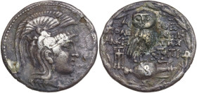 Continental Greece. Attica, Athens. Magistrates Polemon, Aleketes and Patron. AR Tetradrachm, 'New Style', 157-156 BC. Obv. Head of Athena right, wear...