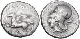 Continental Greece. Corinthia, Corinth. AR Stater, circa 405- 345 BC. Obv. Pegasos flying left; koppa below. Rev. Helmeted head of Athena left; seated...