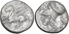 Continental Greece. Corinthia, Corinth. AR Stater, c. 345-307 BC. Obv. Pegasos flying left; koppa below. Rev. Head of Athena left, wearing laureate Co...