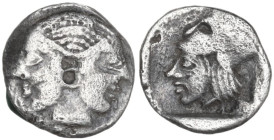 Greek Asia. Mysia, Lampsakos. AR Hemiobol, 500-450 BC. Obv. Janiform female head. Rev. Head of Athena left, wearing Corinthian helmet. SNG von Aulock ...