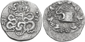 Greek Asia. Mysia, Pergamon. AR Cistophoric tetradrachm, 85-76 BC. Obv. Snake coiling out of cista mystica; all within ivy-wreath. Rev. Two serpents c...
