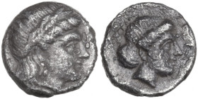 Greek Asia. Lesbos, Mytilene. AR Diobol, c. 400-350 BC. Obv. Laureate head of Apollo right. Rev. [MY]. Female head right; [symbol before]. SNG von Aul...