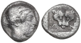 Greek Asia. Islands off Caria, Kos. AR Obol, 5th century BC. Obv. Female head right. Rev. Lion head facing. SNG Kayhan 983 var. AR. 0.44 g. 6.50 mm. V...