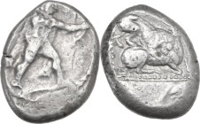 Greek Asia. Cyprus, Kition. Baalmelek II. AR Stater, c. 425-400 BC. Obv. Herakles in fighting stance to right, wearing lion skin upon his back and tie...