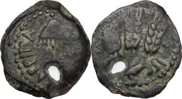 Greek Asia. Judaea. Agrippa I (37-44). AE Prutah, year 6 (41/42). Jerusalem mint. Obv. Umbrella-like canopy with fringes. Rev. 'Year 6'. Three ears of...