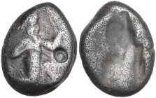 Greek Asia. Persia, Achaemenid Empire. Darios I to Xerxes II (c. 485-420 BC). AR Siglos. Obv. King in running-kneeling stance right, holding spear and...