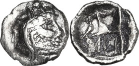 Persis. Uncertain king I (2nd century BC). AR Obol. Obv. Head right with very short beard, wearing diadem and kyrbasia. Rev. Fire temple, Ahura-Mazda ...