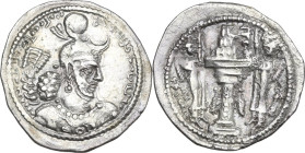 Sasanian Kings. Yazdgard I (399-420). AR Drachm. Obv. Bust of the king right, wearing mural crown with frontal crescent and korymbos. Rev. Fire-altar ...