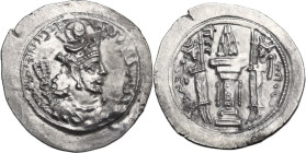Sasanian Kings. Varhran V (420-438). AR Drachm. AS mint, year unsigned. Obv. Bust of Varhran V right, wearing crown with two mural elements. In the mi...