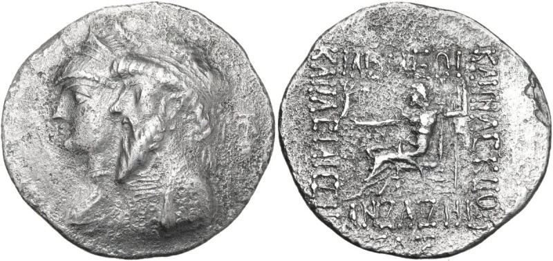 Kings of Elymais. Kamnaskires III, with Anzaze (c. 82-72 BC). AR Tetradrachm, Se...