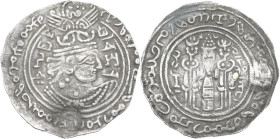 Turko-Hepthalite. Vasu Deva (ca VII cent. AD). AR Drachm (dirham) with gold inlaid and countermark. Mitchiner 1562. AG. 3.48 g. 31.00 mm. R. EF.
