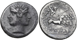Anonymous. AR Quadrigatus (Didrachm), uncertain Sicilian mints, 218-217 BC. Obv. Laureate Janiform head of Dioscuri. Rev. Jupiter in quadriga right, d...