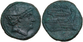 Anonymous. AE Semuncia, 217-215 BC. Obv. Head of Mercury right, wearing winged petasus. Rev. Prow right. Cr. 38/7. AE. 6.38 g. 20.00 mm. Cleaning mark...