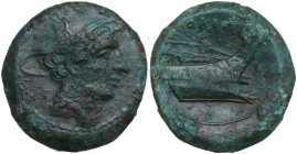 Anonymous. AE Semuncia, 217-215 BC. Obv. Head of Mercury right, wearing winged petasus. Rev. Prow right. Cr. 38/7. AE. 6.99 g. 22.00 mm. Partly green ...