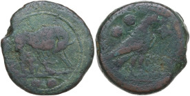 Anonymous. AE Sextans, 217-215 BC. Obv. She-wolf right, suckling twins; in exergue, two pellets. Rev. Eagle standing left, wings closed, holding flowe...