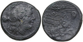 Corn-ear (first) series. AE Uncia. Sicily, 214-212 BC. Obv. Helmeted head of Roma right; behind, pellet. Rev. Prow right; above, corn-ear and ROMA; be...