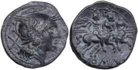 Anonymous. AR Denarius, uncertain Campanian mint, 211 BC. Obv. Helmeted head of Roma right; behind, X. Rev. The Dioscuri galloping right; in rectangul...