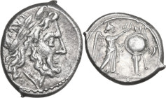 Anonymous. AR Victoriatus, uncertain Campanian mints, 215-211 BC. Obv. Laureate head of Jupiter right. Rev. Victory standing right, crowning trophy; i...