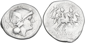 Victory series. AR Denarius, uncertain Campanian mint (Castra Claudiana?), 211 BC. Obv. Helmeted head of Roma right; behind, X. Rev. The Dioscuri gall...