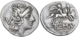 Anonymous. AR Quinarius, uncertain Sicilian mint (Catana?), 213 BC. Obv. Helmeted head of Roma right; behind, V. Rev. The Dioscuri galloping right; in...