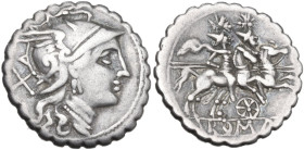 Six-spoked wheel series. AR Denarius serratus. Apulia, 208 BC. Obv. Helmeted head of Roma right; behind, X. Rev. The Dioscuri galloping right; below, ...