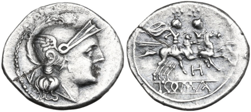 H series. AR Quinarius. Southeast Italy, c. 211-210 BC. Obv. Helmeted head of Ro...