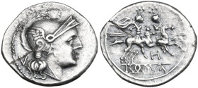 H series. AR Quinarius. Southeast Italy, c. 211-210 BC. Obv. Helmeted head of Roma right; behind V. Rev. The Dioscuri galloping right; below, H; betwe...