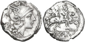 Spearhead, fourth series. Foureè Denarius, uncertain Lucanian mint (Venusia?), 208 BC. Obv. Helmeted head of Roma right; behind, X. Rev. The Dioscuri ...