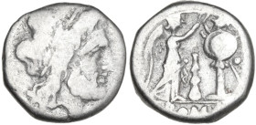 Club series. AR Victoriatus, uncertain Lucanian mint (Venusia?), 209 BC. Obv. Laureate head of Jupiter right. Rev. Victory standing right, crowning tr...