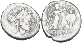 MP series. AR Victoriatus, uncertain Lucanian mint, 214 BC. Obv. Laureate head of Jupiter right (regular head). Rev. Victory standing right, crowning ...