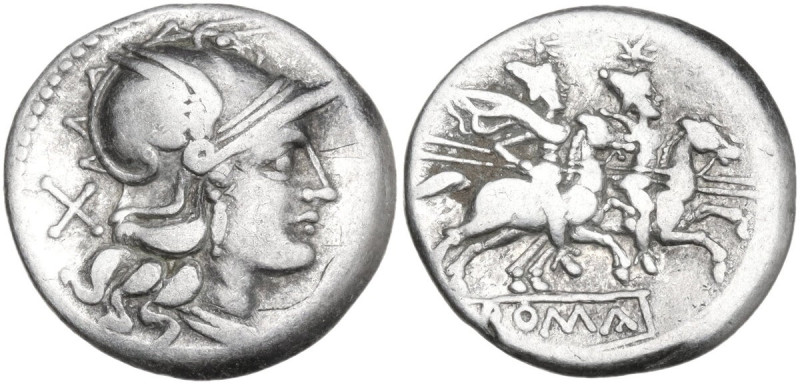 Anonymous. AR Denarius, Roma mint, 204 BC. Obv. Helmeted head of Rome right; beh...