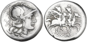 Anonymous. AR Denarius, Roma mint, 204 BC. Obv. Helmeted head of Rome right; behind, X. Rev. The Dioscuri galloping right; in three sided frame, ROMA ...