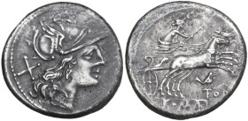 Bird and TOD series. Fourreè (?) Denarius, uncertain Spanish mint, 205 BC. Obv. Helmeted head of Roma right; behind, X. Rev. Luna in biga right; below...