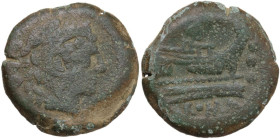 L. Mamilius. AE Quadrans, c. 189-180 BC. Obv. Head of Hercules right, wearing lion's skin; behind, three pellets. Rev. Prow right; above, Ulysses hold...