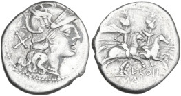 L·COIL series. AR Denarius, Roma mint, 204 BC. Obv. Helmeted head of Roma right; behind, X. Rev. The Dioscuri galloping right; below, L·COIL; in three...