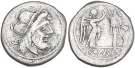 Anonymous. AR Victoriatus, uncertain mint (Roma?), 203-202 BC. Obv. Laureate head of Jupiter right (patchy style, unkempt hair). Rev. Victory standing...