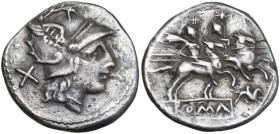 Gryphon series. AR Denarius, uncertain Spanish mint (Gades?), 204 BC. Obv. Helmeted head of Roma right; behind, X. Rev. The Dioscuri galloping right; ...