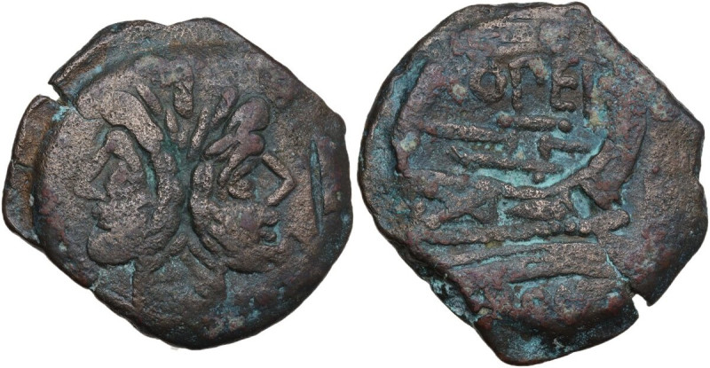 Q. Opimius. AE As, c. 169-158 BC. Obv. Laureate head of Janus; above, mark of va...