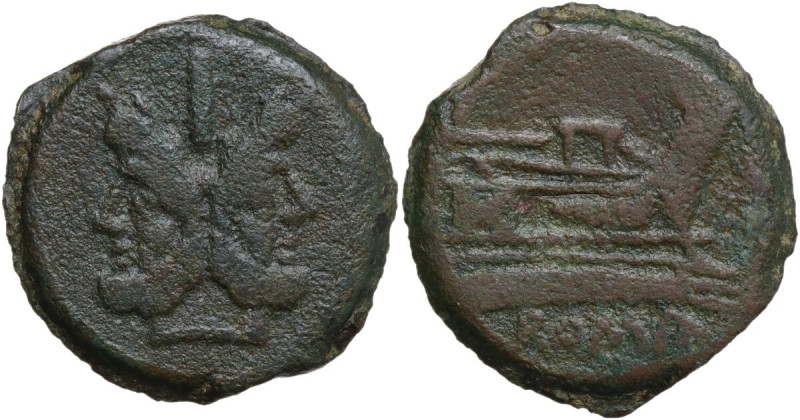 AE As, 157-156 BC. Obv. Laureate head of bearded Janus; I above. Rev. Prow of ga...