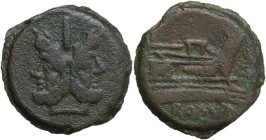 AE As, 157-156 BC. Obv. Laureate head of bearded Janus; I above. Rev. Prow of galley right; before, I. Cr. 197-198B/1b. AE. 17.23 g. 30.50 mm. R. Good...