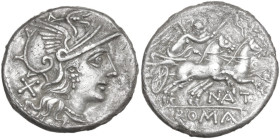 Pinarius Natta. AR Denarius, 155 BC. Obv. Helmeted head of Roma right; behind, X. Rev. Victory in biga right; below, NAT; in exergue, ROMA. Cr. 200/1;...