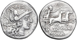 C. Maianius. AR Denarius, 153 BC. Obv. Helmeted head of Roma right; behind, X. Rev. Victory in biga right; below, C. MAIANI; in exergue, ROMA. Cr. 203...