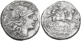 Pub. Sulla. AR Denarius, 151 BC. Obv. Helmeted head of Roma right; behind, X. Rev. Victory in biga right; below, P·SVLA (VL ligate); in exergue, ROMA....