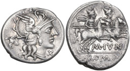 M. Iunius Silanus. AR Denarius, 145 BC. Obv. Helmeted head of Roma right; below chin, X; behind, ass's head. Rev. The Dioscuri galloping right; below ...
