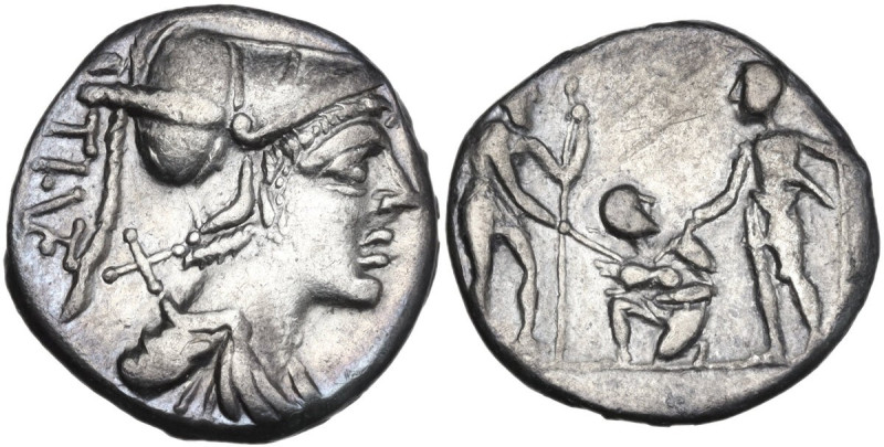 Ti. Veturius. AR Denarius, 137 BC. Obv. Helmeted and draped bust of Mars right; ...