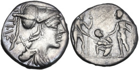 Ti. Veturius. AR Denarius, 137 BC. Obv. Helmeted and draped bust of Mars right; behind, X and TI·VET (VET ligate). Rev. Sacerdos fecialis kneeling lef...